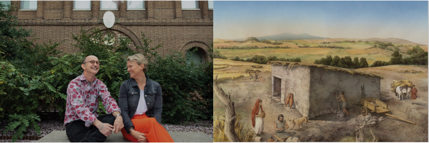 Left Photo: Campbell Grey, Professor of Classical Studies, and Kimberly Bowes, Professor of Classical Studies (Photo Credit Brooke Sietinsons), Right Image: Artist’s reconstruction of the San Martino worksite (Image from Studio InkLink)